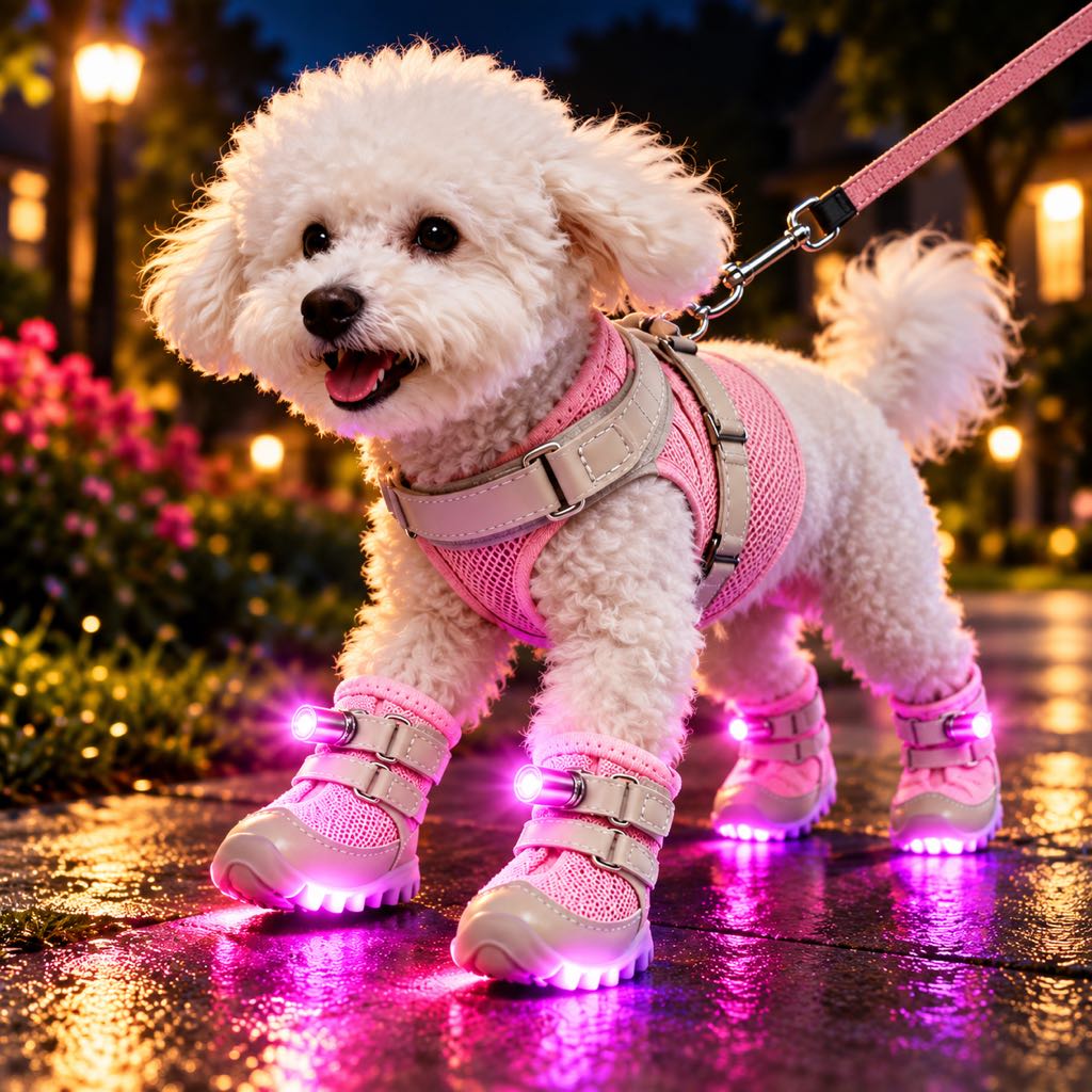 Pink LED light-up dog boots for nighttime walks