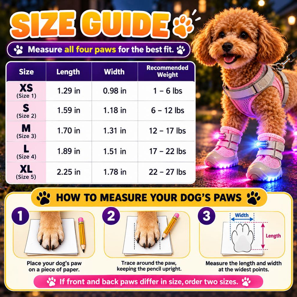 LED light-up dog boots size guide from XS to XL