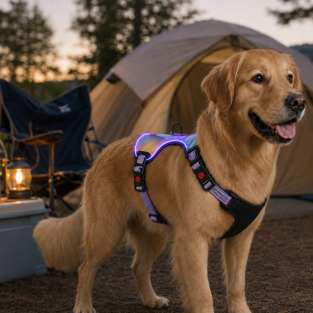 LED dog harness for dry weather camping and low-light walks