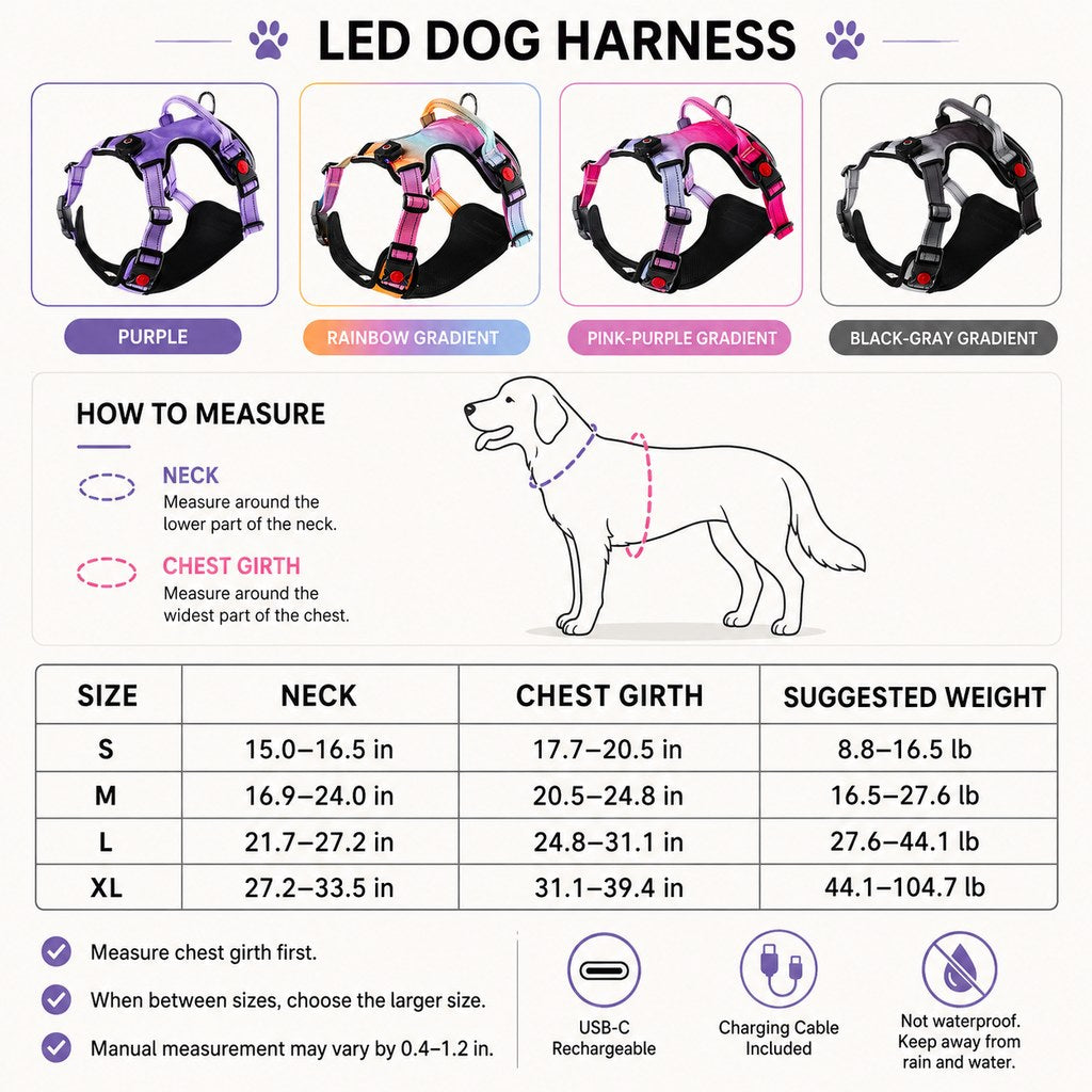 Rechargeable LED dog harness size guide for S to XL