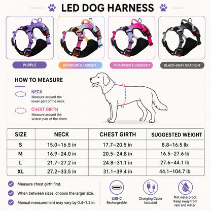 Rechargeable LED dog harness size guide for S to XL