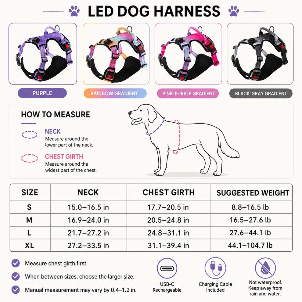Rechargeable LED dog harness size guide for S to XL