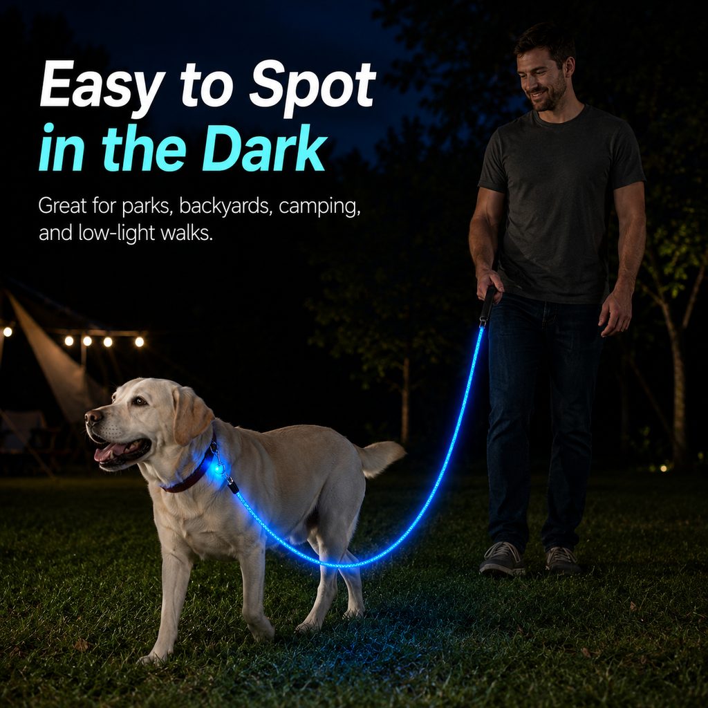LED dog leash easy to spot in the dark