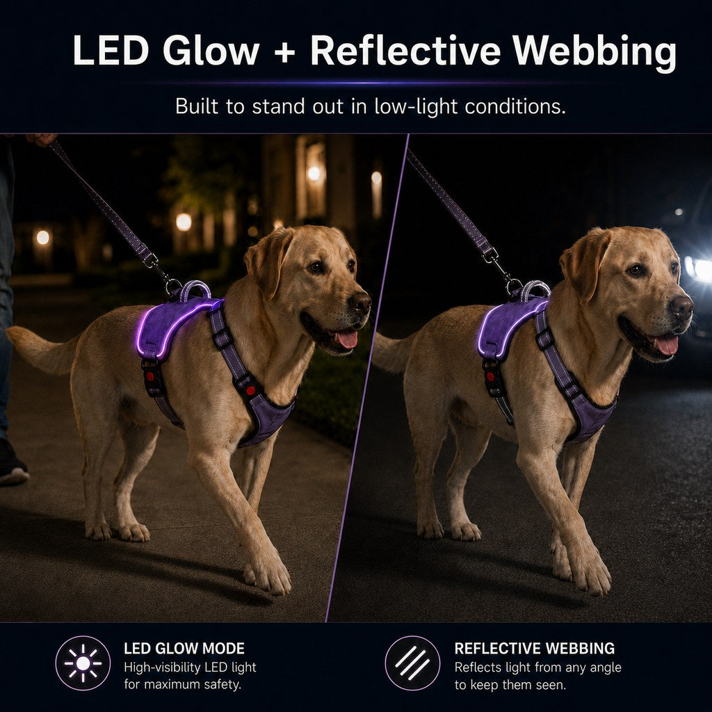 LED glow and reflective webbing dog harness comparison