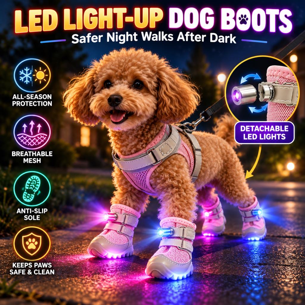 LED light-up pink dog boots for safer night walks
