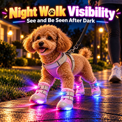 Dog wearing LED light-up boots on a nighttime walk