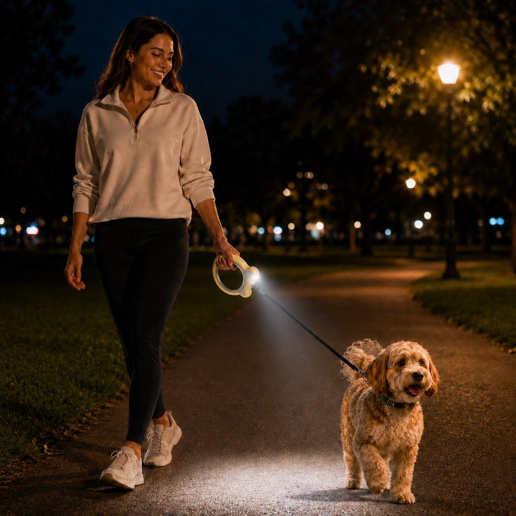 Paws in Awe Retractable Dog Leash for Night Walks & Daily Walks - Optional LED Light, 16ft Reflective Tape & One-Touch Brake for Better Visibility and Control image 2