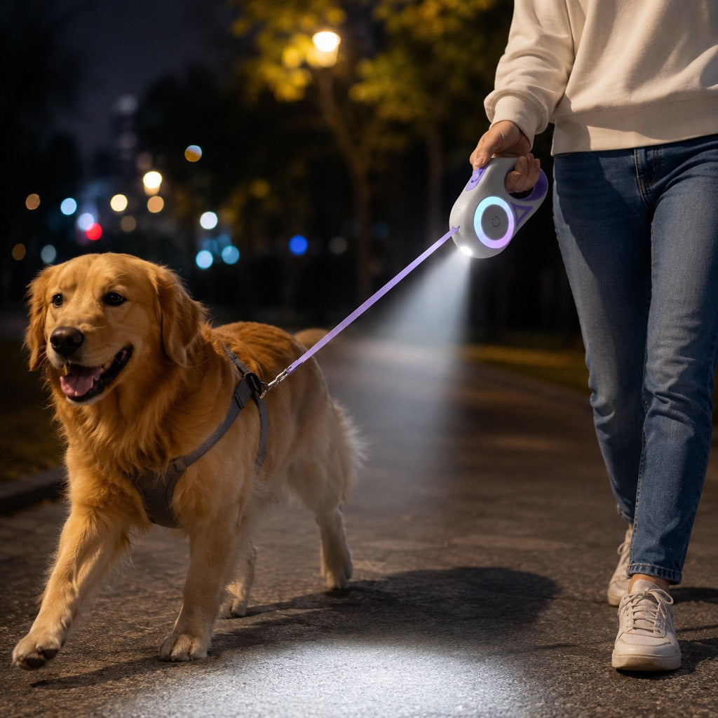 Paws in Awe LED Retractable Dog Leash for Night Walks - Light-Up Dog Leash with Built-In Spotlight, RGB Side Glow & One-Touch Brake for Safer Evening Walks image 1