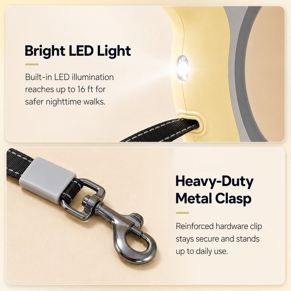 Paws in Awe Retractable Dog Leash for Night Walks & Daily Walks - Optional LED Light, 16ft Reflective Tape & One-Touch Brake for Better Visibility and Control image 3