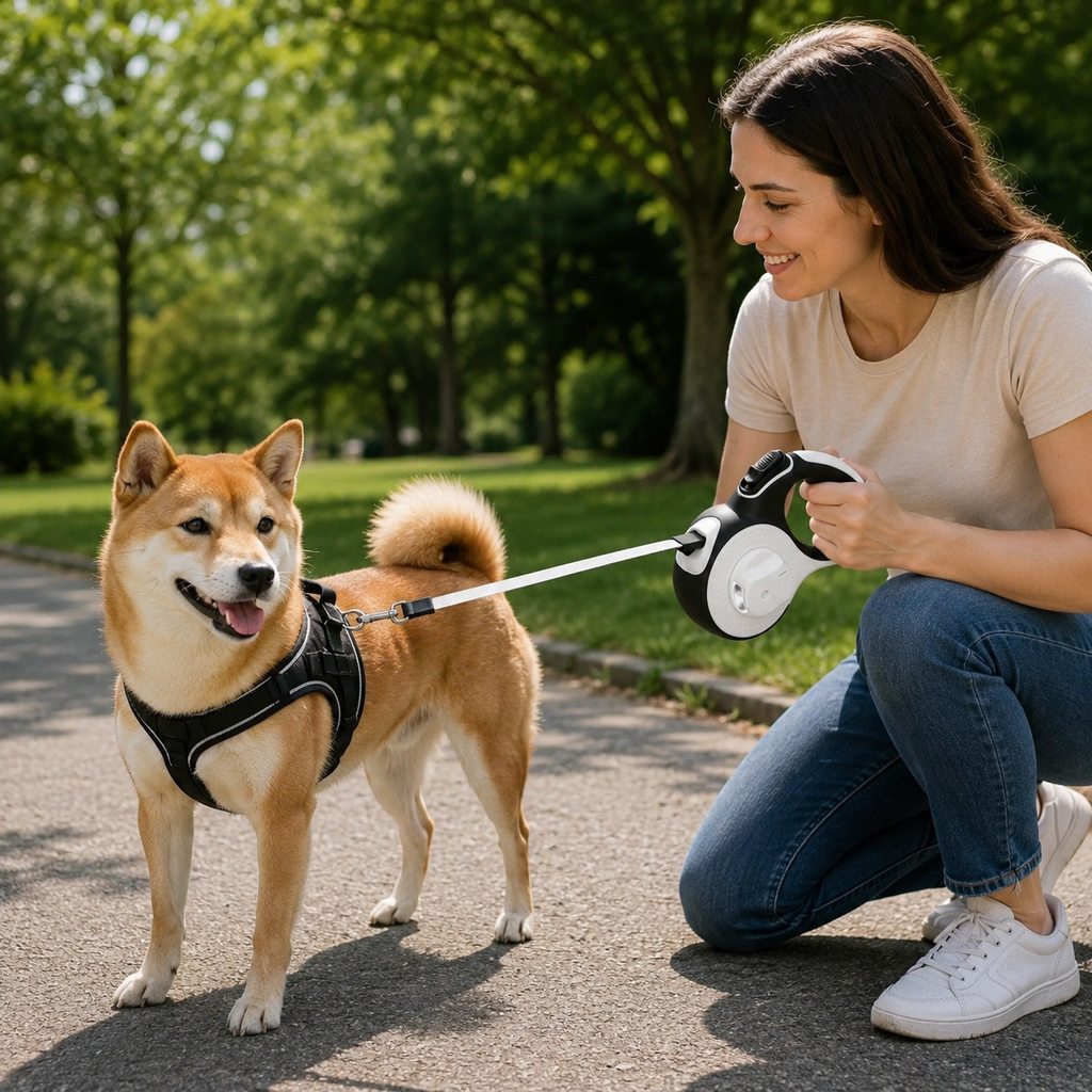 LED retractable dog leash with built-in path light main image