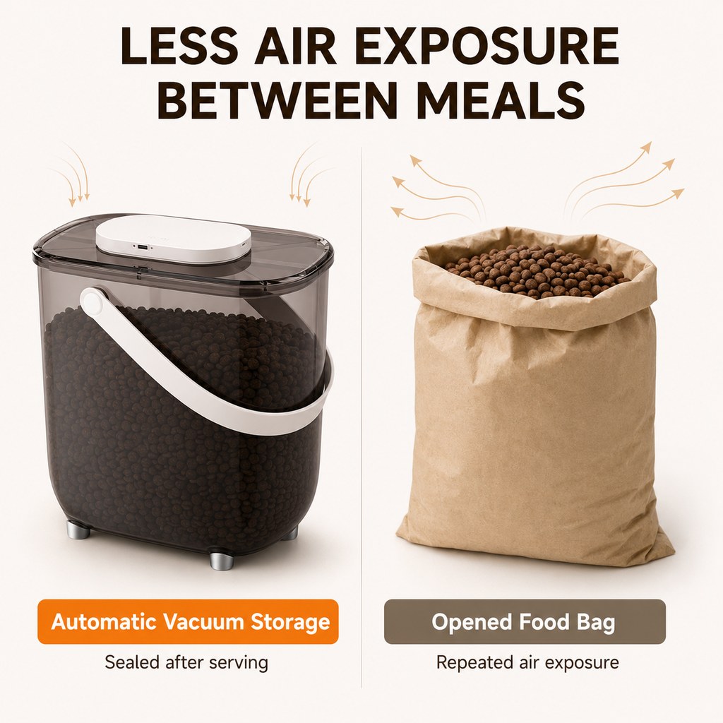 Pet food storage container helps reduce air exposure between meals