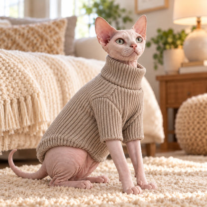 Light Beige cat ribbed knit turtleneck sweater