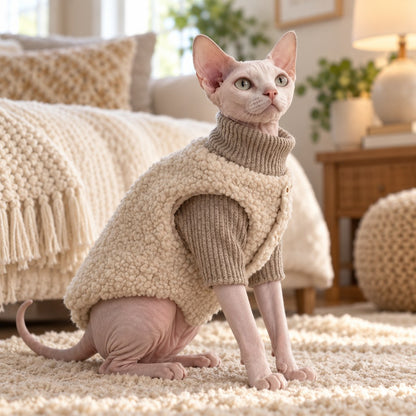 Light Beige cat turtleneck sweater and sherpa vest two-piece set