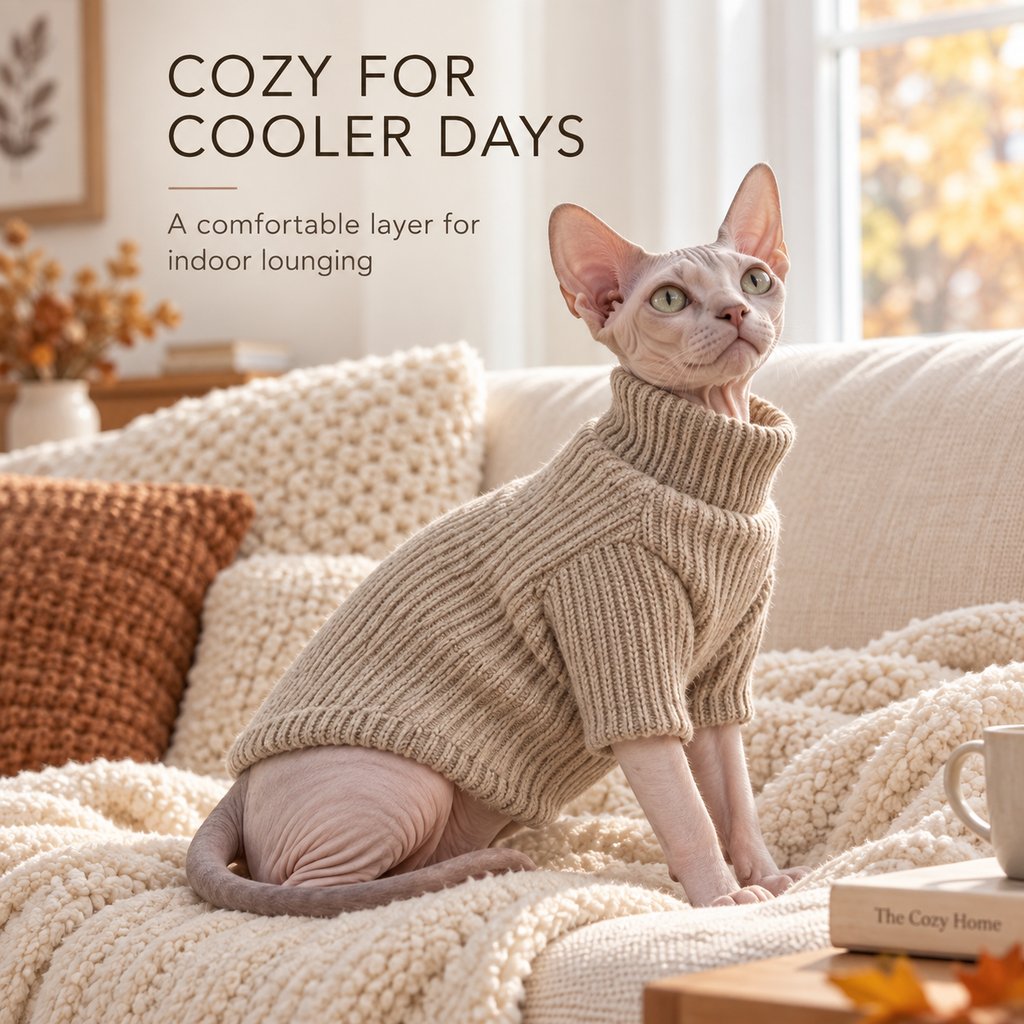 Light Beige ribbed turtleneck sweater for a hairless cat
