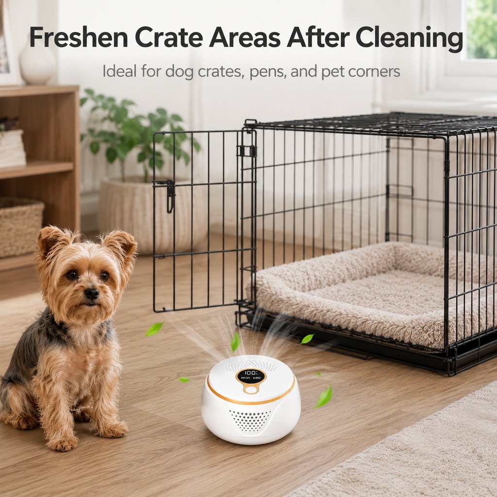 Rechargeable pet odor deodorizer for dog crate and litter box areas
