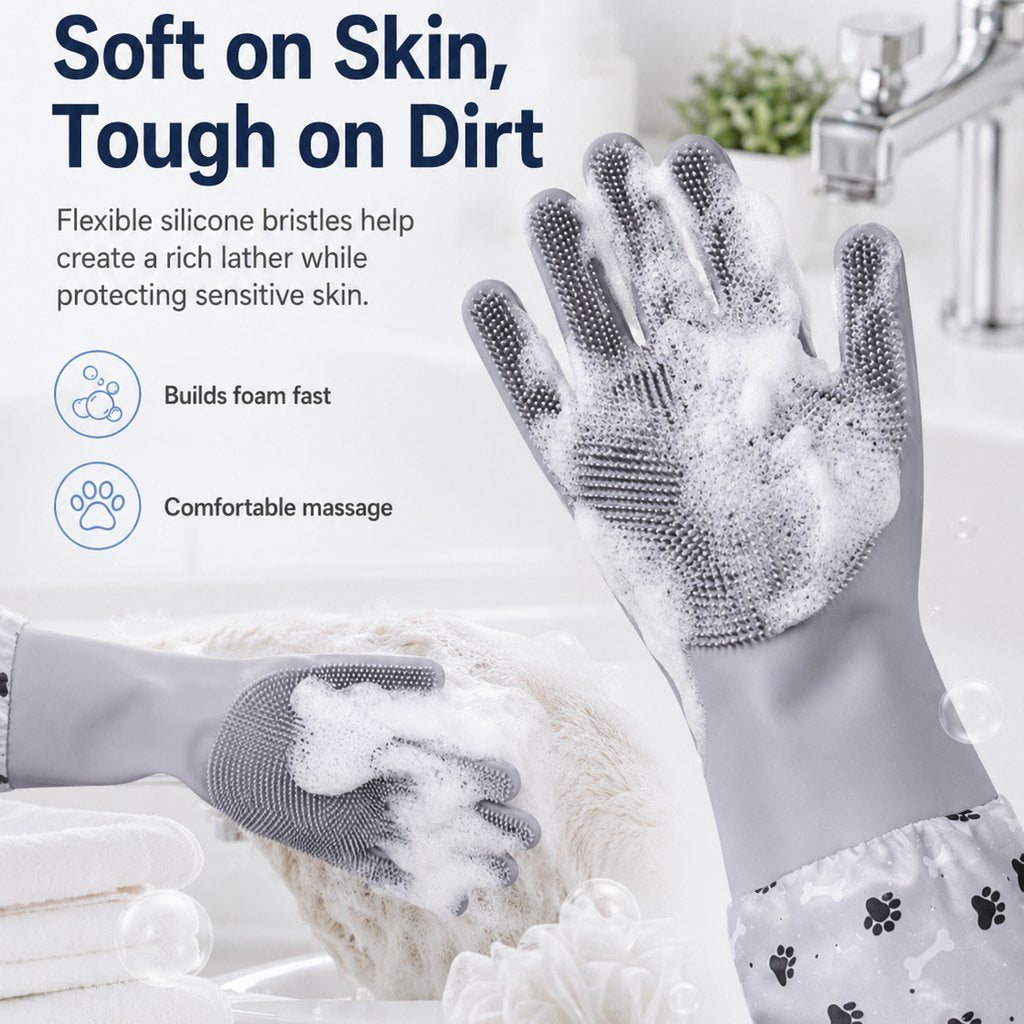 Paws in Awe Long-Sleeve Pet Bath & Grooming Gloves for Cats & Dogs - Cleaner Baths, Gentle Deshedding & Massage image 8