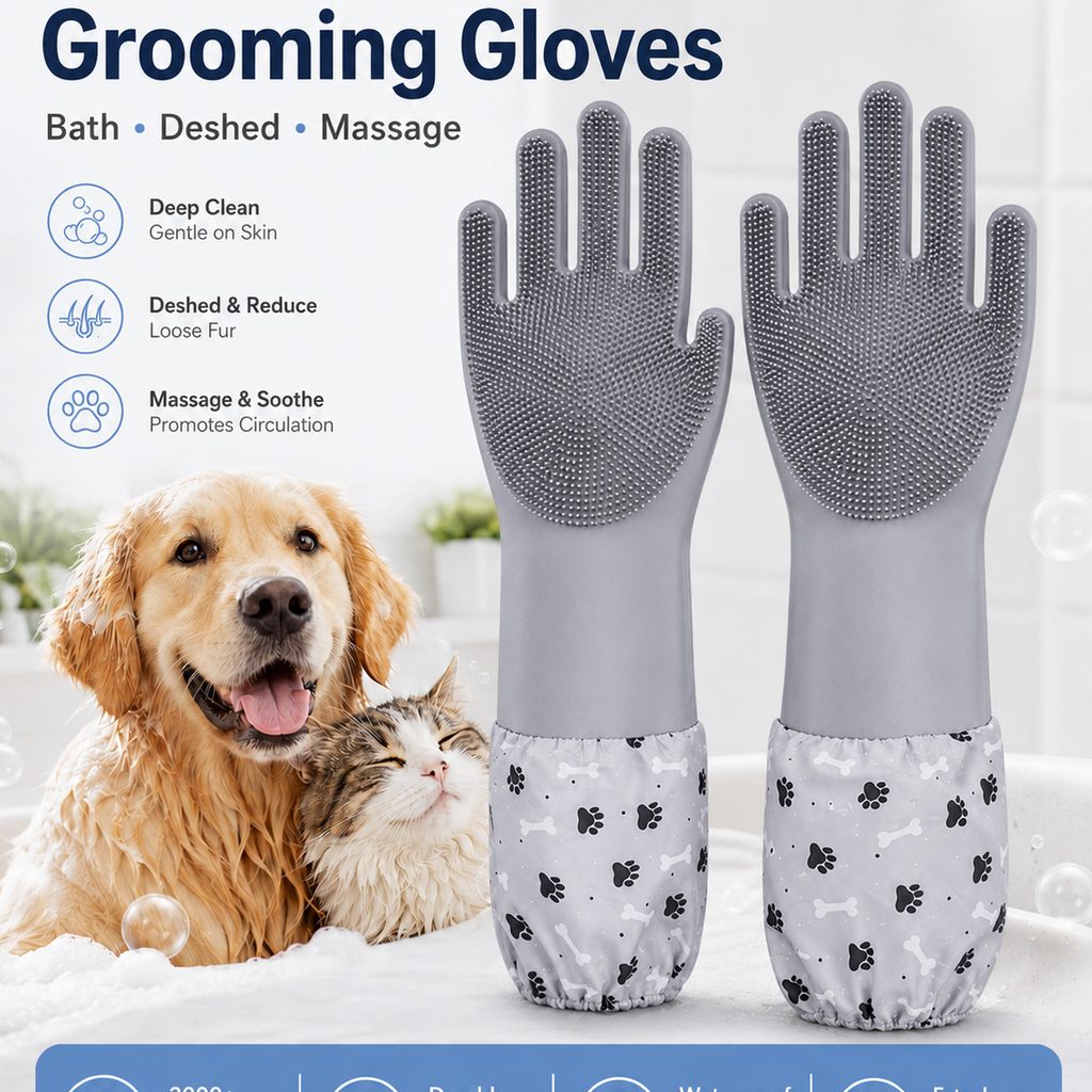 Paws in Awe Long-Sleeve Pet Bath & Grooming Gloves for Cats & Dogs - Cleaner Baths, Gentle Deshedding & Massage image 2