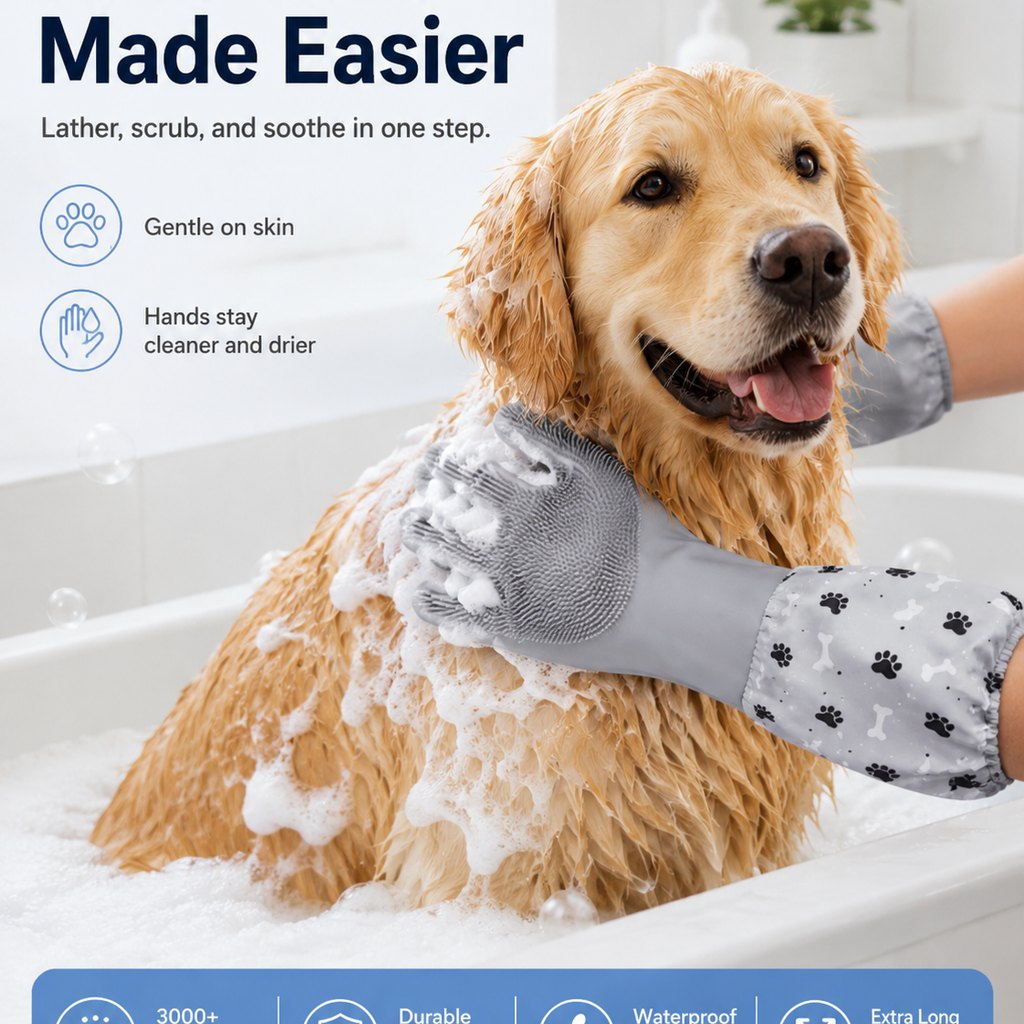 Paws in Awe Long-Sleeve Pet Bath & Grooming Gloves for Cats & Dogs - Cleaner Baths, Gentle Deshedding & Massage image 3