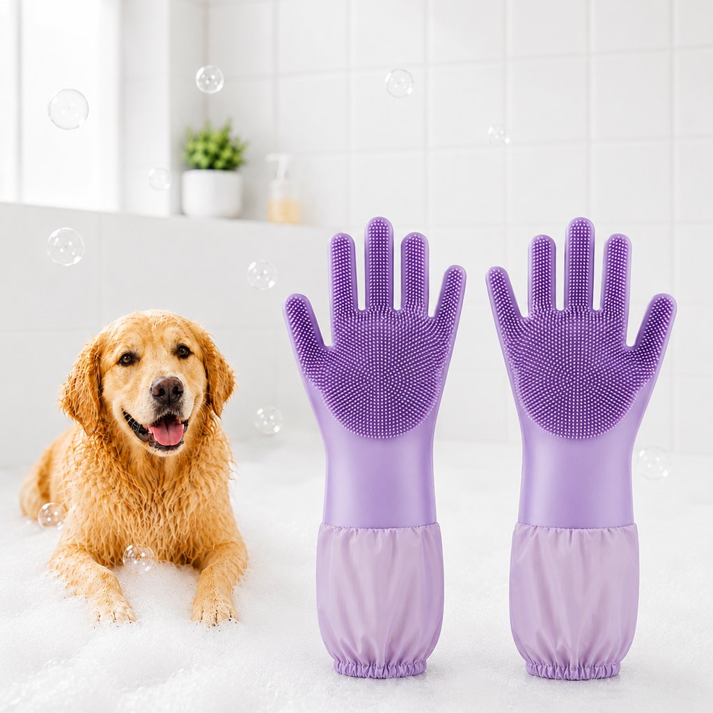 Paws in Awe Long-Sleeve Pet Bath & Grooming Gloves for Cats & Dogs - Cleaner Baths, Gentle Deshedding & Massage image 12