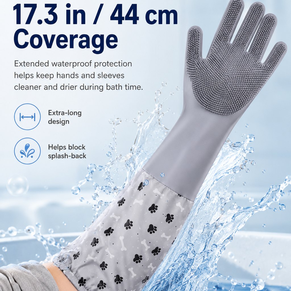 Paws in Awe Long-Sleeve Pet Bath & Grooming Gloves for Cats & Dogs - Cleaner Baths, Gentle Deshedding & Massage image 6