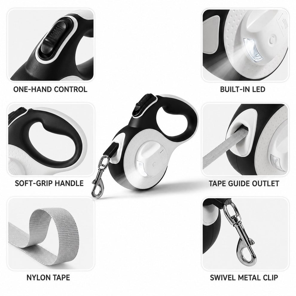 Three LR44 button batteries included with LED retractable dog leash