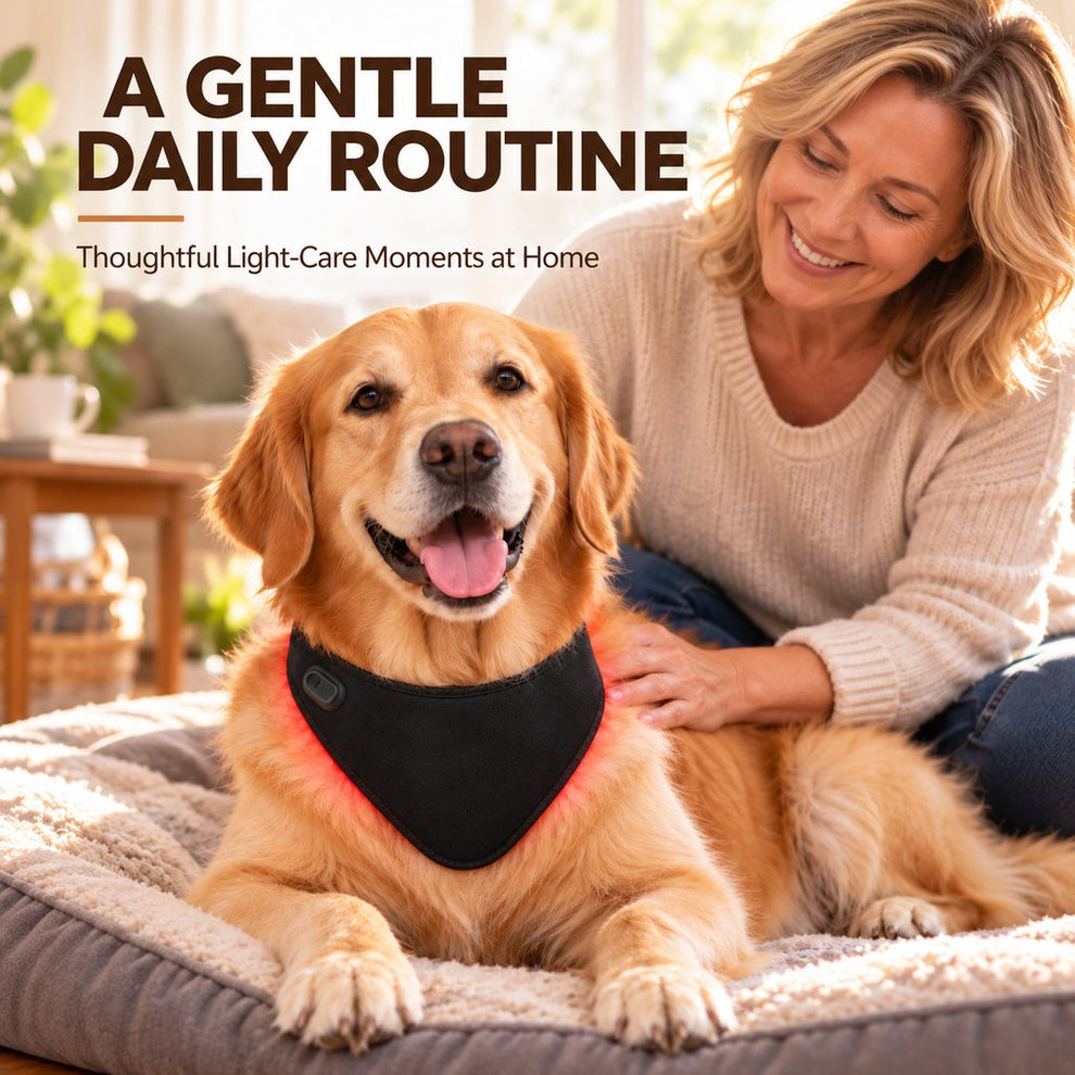 gentle daily dog light-care routine with wearable neck wrap