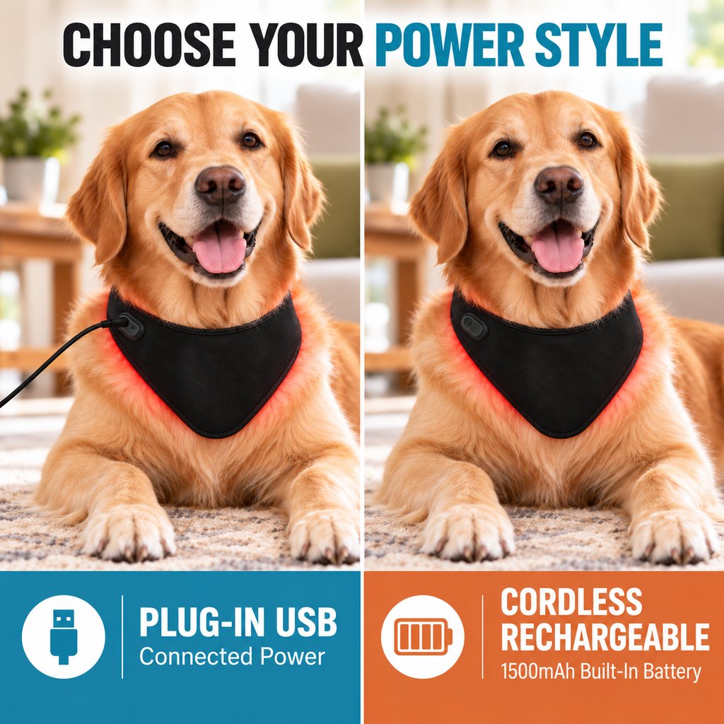 plug-in USB and cordless rechargeable dog red light neck wrap options