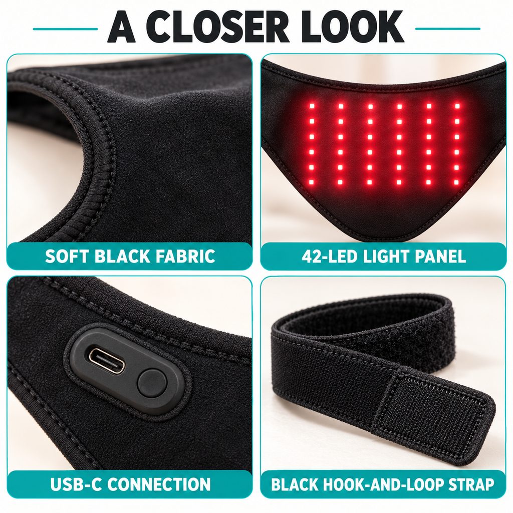 dog red light neck wrap fabric USB-C and strap details