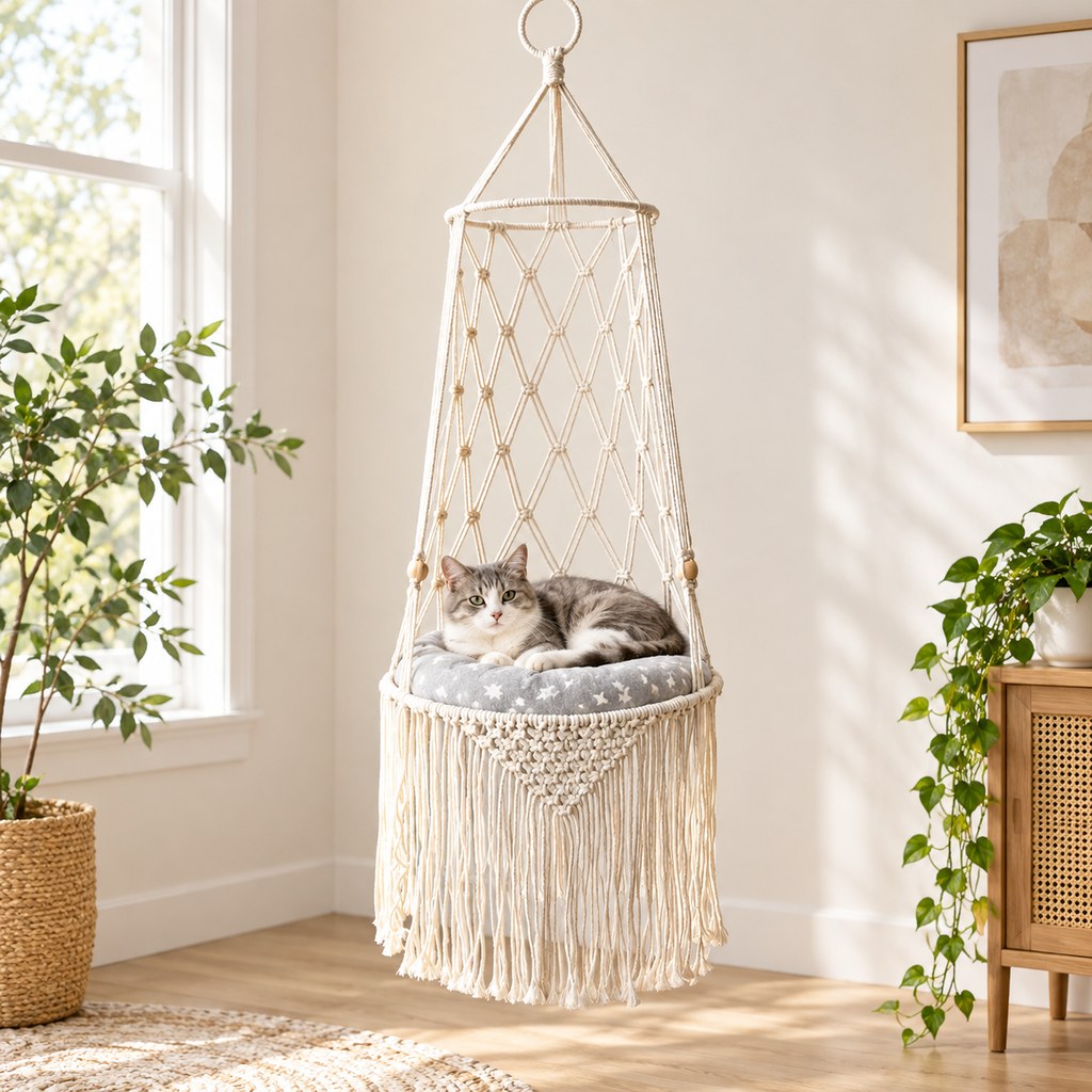 tall cocoon basket macrame hanging cat bed with cushion