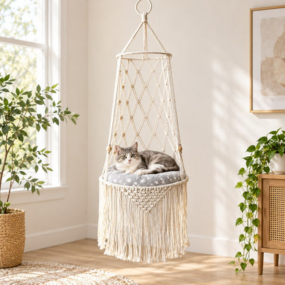 tall cocoon basket macrame hanging cat bed with cushion