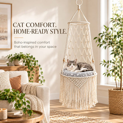 boho elevated cat hammock for modern home decor