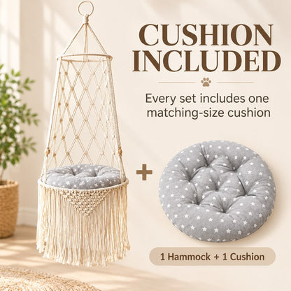 macrame hanging cat bed set with gray star cushion included