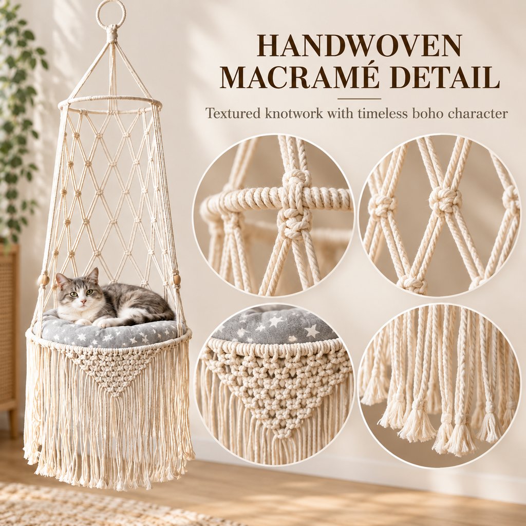 handwoven macrame cat bed knotwork and tassel details