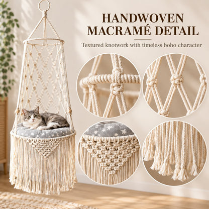 handwoven macrame cat bed knotwork and tassel details