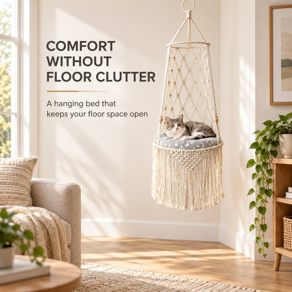hanging cat hammock keeps floor space open