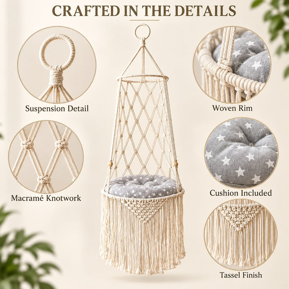 macrame cat bed suspension rim cushion and tassel details