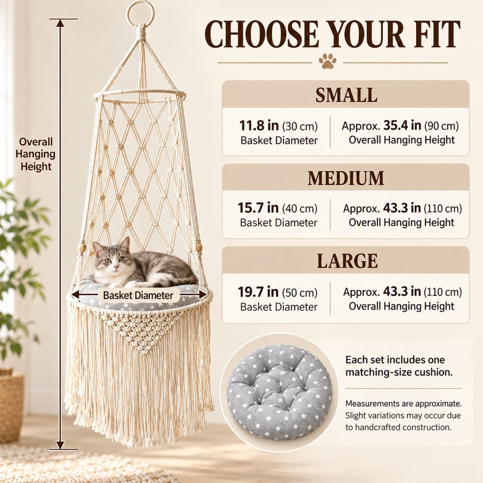 macrame hanging cat bed size guide