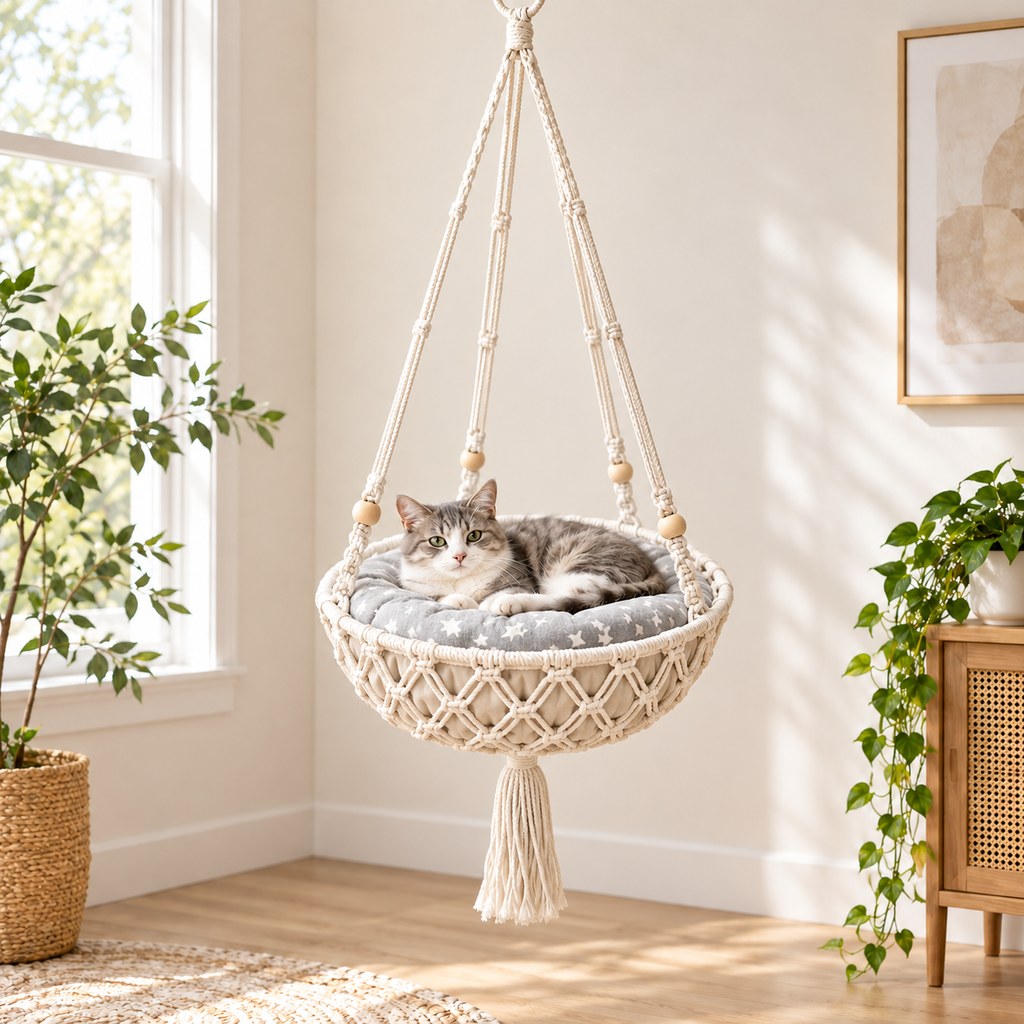 beaded woven basket macrame hanging cat bed with cushion