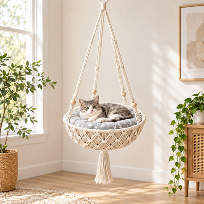 beaded woven basket macrame hanging cat bed with cushion