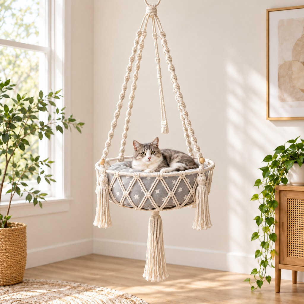 diamond weave basket macrame hanging cat bed with cushion