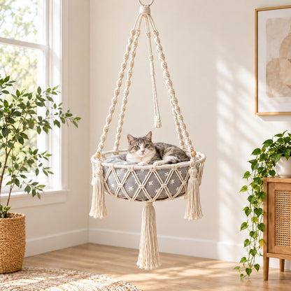 diamond weave basket macrame hanging cat bed with cushion