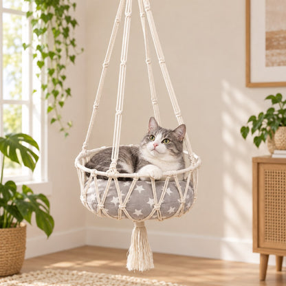 classic open basket macrame hanging cat bed with cushion