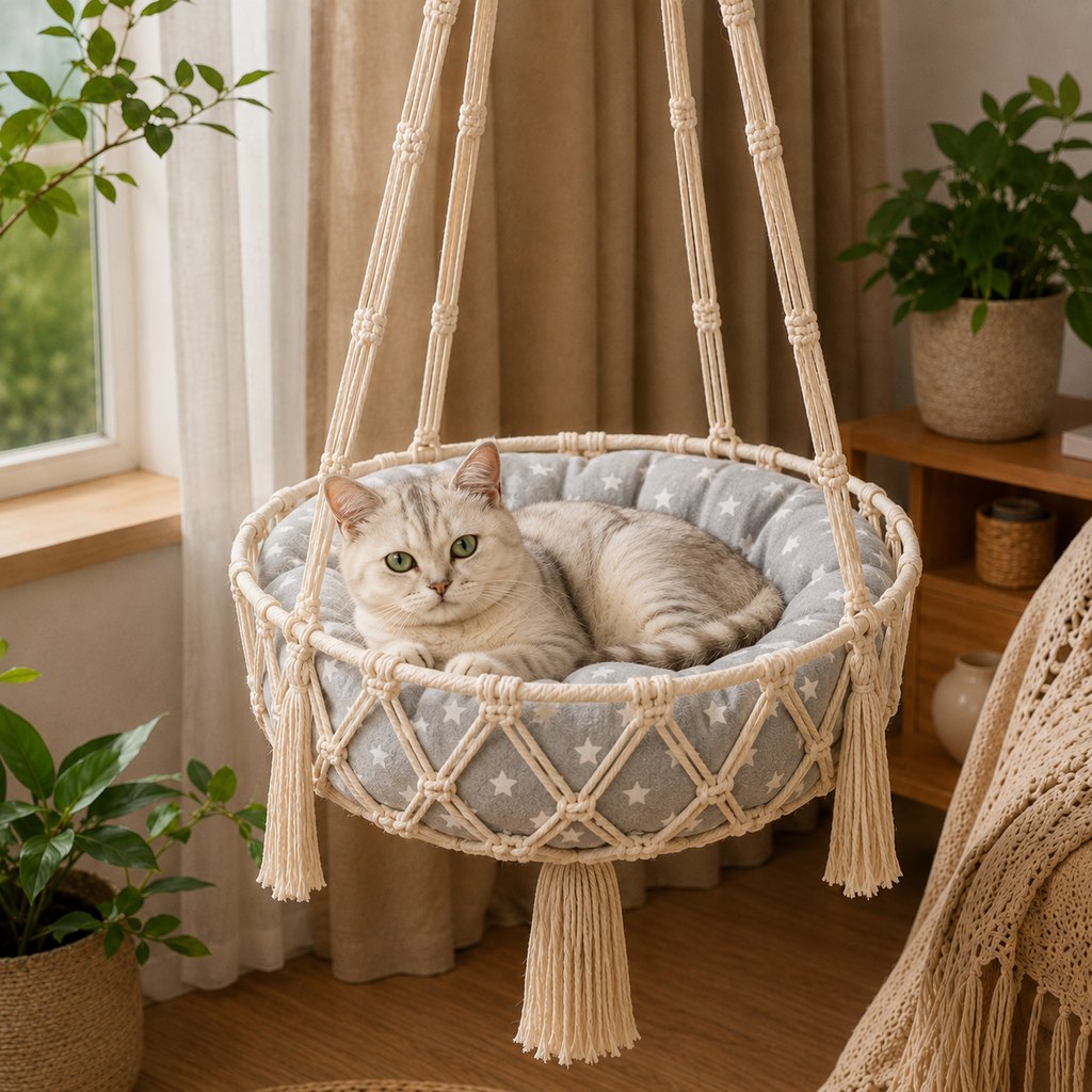 Paws in Awe Macrame Hanging Cat Hammock Bed with Cushion - Space-Saving Indoor Cat Swing for Small Apartments image 7