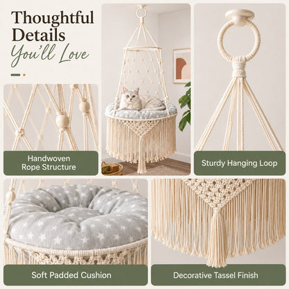 Paws in Awe Macrame Hanging Cat Hammock Bed with Cushion - Space-Saving Indoor Cat Swing for Small Apartments image 4