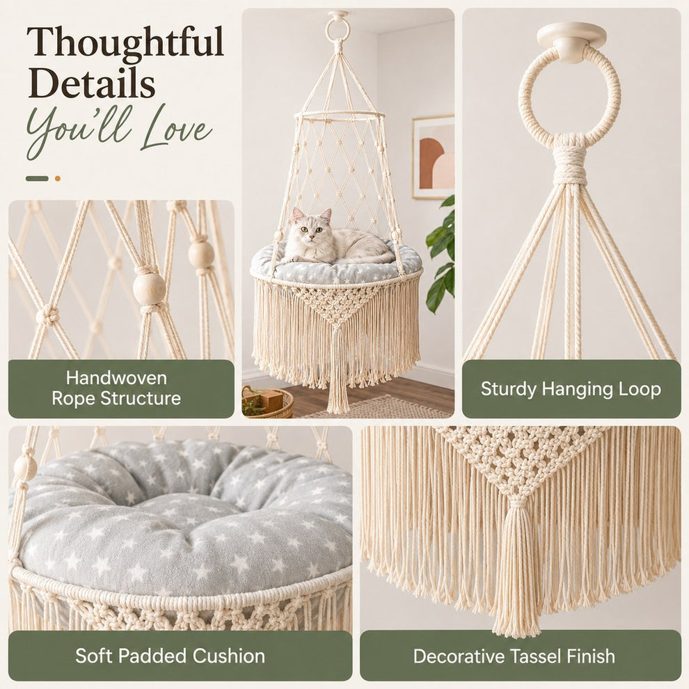 Paws in Awe Macrame Hanging Cat Hammock Bed with Cushion - Space-Saving Indoor Cat Swing for Small Apartments image 4