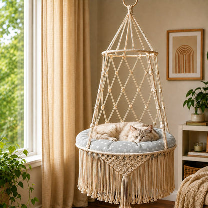 Paws in Awe Macrame Hanging Cat Hammock Bed with Cushion - Space-Saving Indoor Cat Swing for Small Apartments image 8