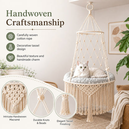 Paws in Awe Macrame Hanging Cat Hammock Bed with Cushion - Space-Saving Indoor Cat Swing for Small Apartments image 5