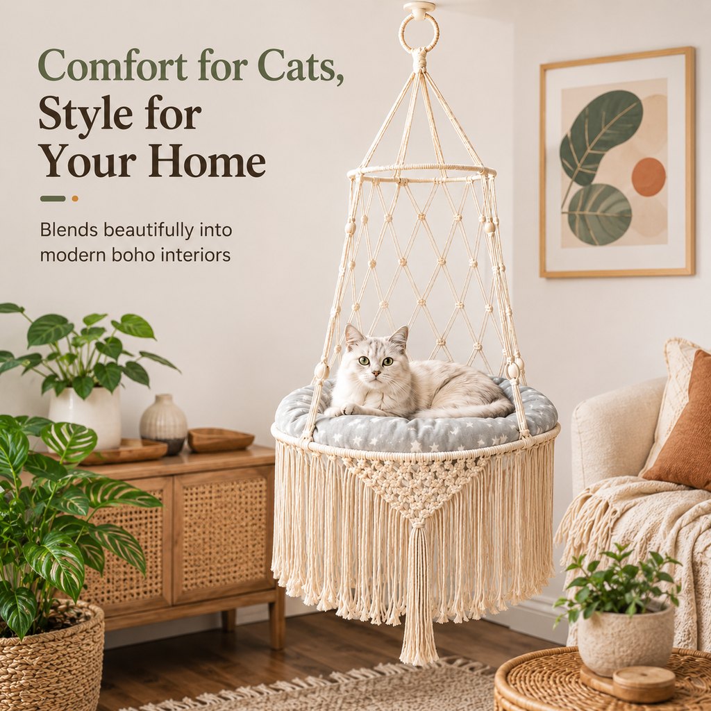 Paws in Awe Macrame Hanging Cat Hammock Bed with Cushion - Space-Saving Indoor Cat Swing for Small Apartments image 6