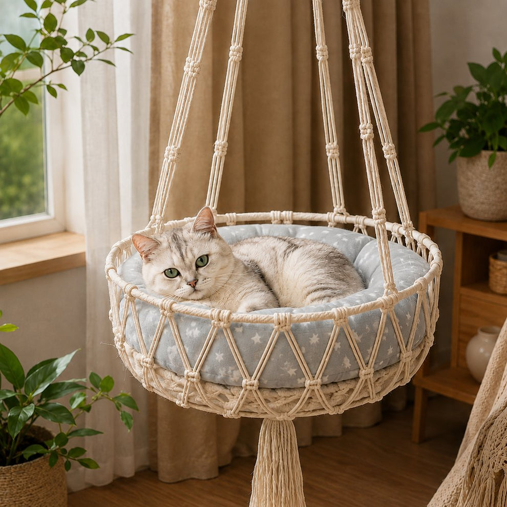 Paws in Awe Macrame Hanging Cat Hammock Bed with Cushion - Space-Saving Indoor Cat Swing for Small Apartments image 1