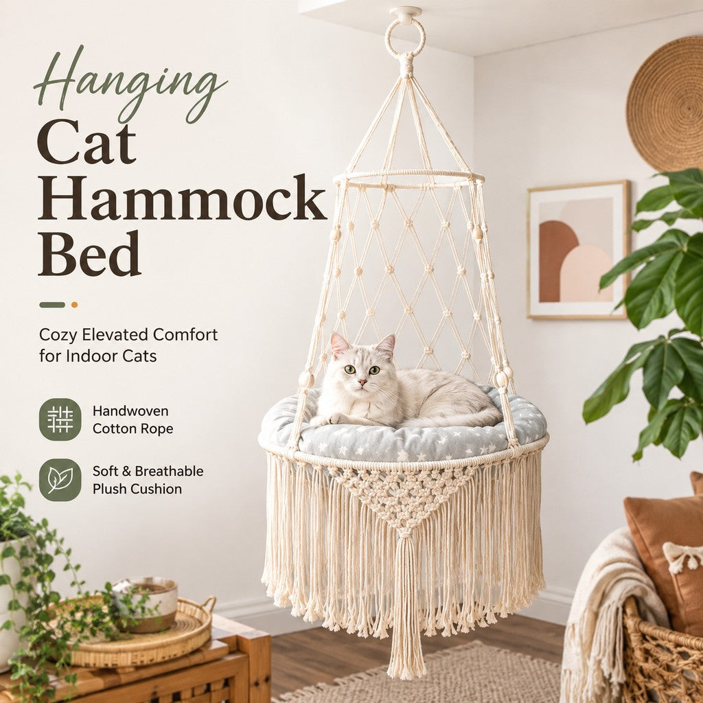 Paws in Awe Macrame Hanging Cat Hammock Bed with Cushion - Space-Saving Indoor Cat Swing for Small Apartments image 3